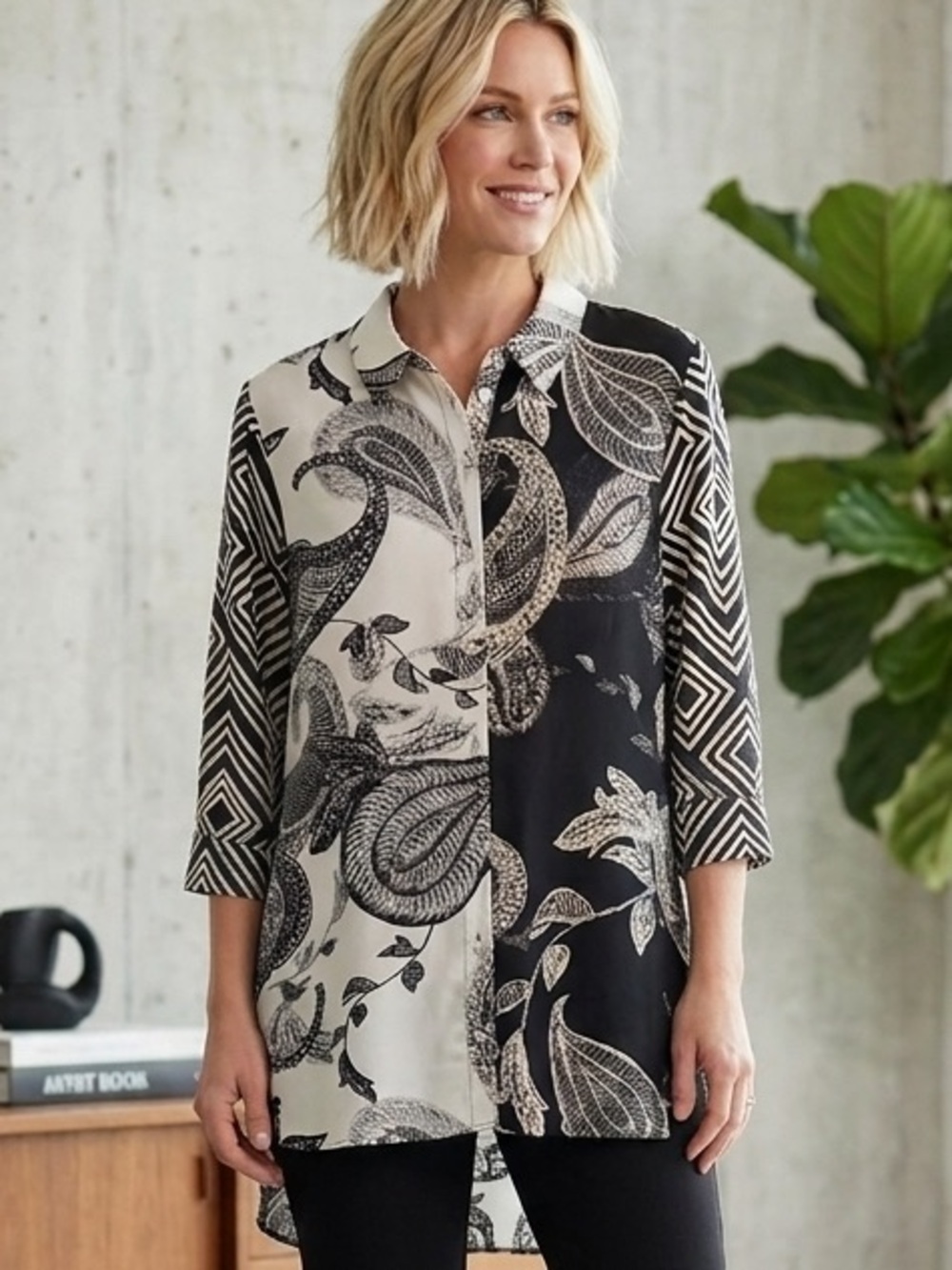 Rose & Olive Womens 1X Black White Long Sleeve Button Up Blouse Artsy Boho NWT